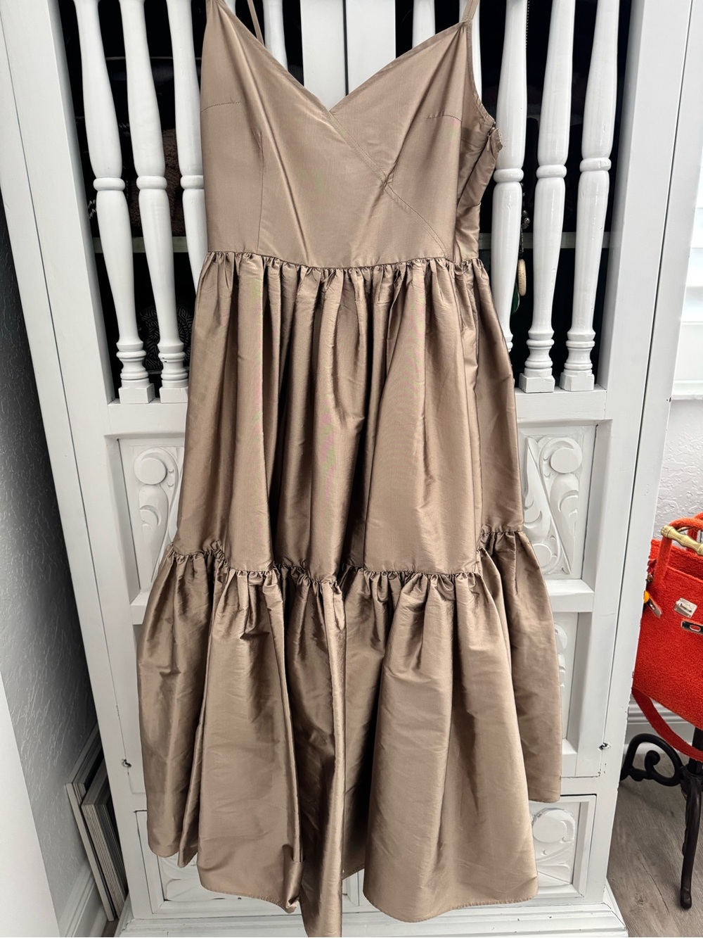 Gold -Taupe Tiered Satin Midi Dress